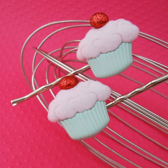cherry berry cupcake hairpins - pink and sea green - Picture 1 of 5